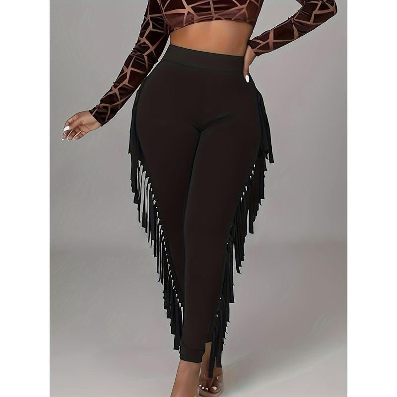 Fringe Trim Skinny Pants - Stylish High Waist Pants for Every Day - Women'S Clothing - for Women - Suitable for Casual Wear - Perfect Gift for Fashionistas Fabric Spandex