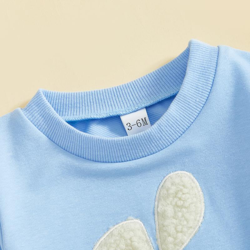 Babamoon Toddler Baby Girl Boy Easter Outfits Set Rabbit Long Sleeve Crew Neck Fuzzy Bunny Tail Embroidery Sweatshirt and Pants Clothing Set 0-3T