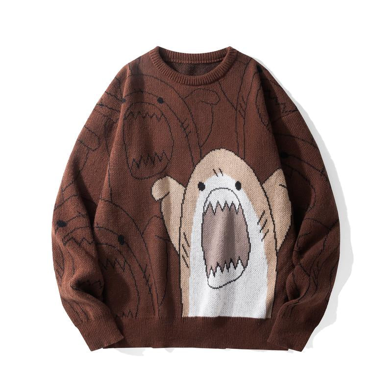 2026 #Springfresh Winter Cartoon Shark Crewneck Polyester Pullover Sweater Unisex Oversized Elegant Casual Streetwear Thick Knitwear Grey Fashion Sweaters Knitted
