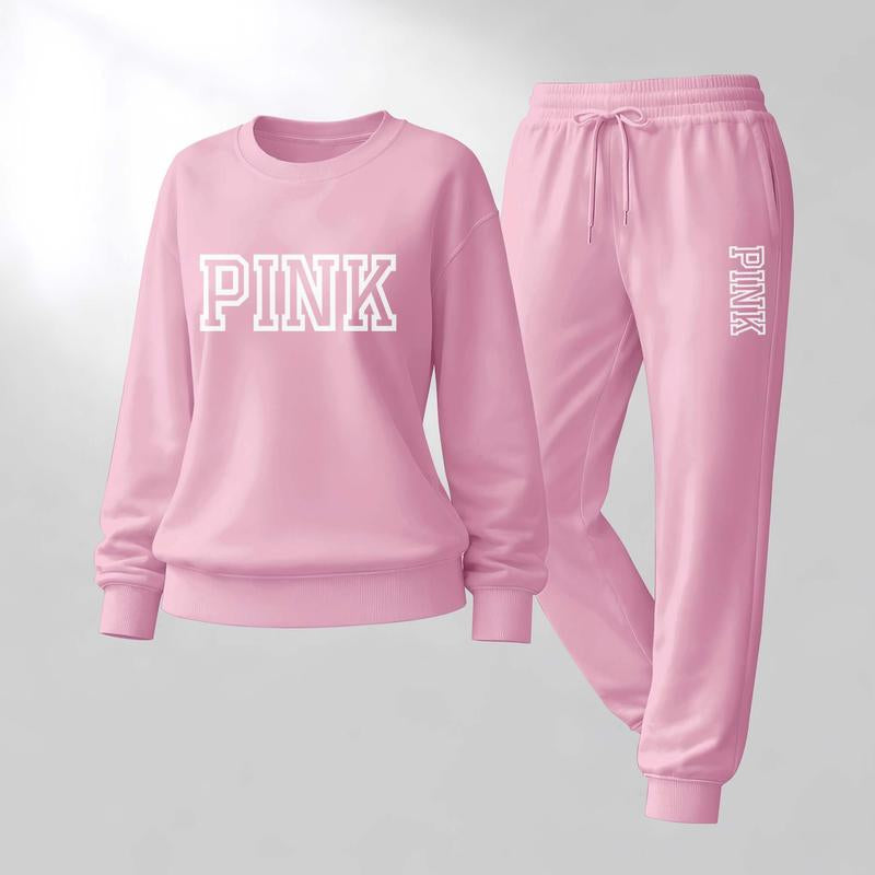 Women'S Pink Letter Print Crewneck Sweatshirt and Drawstring Track Pants Set, Casual Sportswear, Long-Sleeve round Neck Top and Pants, Suitable for Spring, Autumn and Winter, Everyday Wear