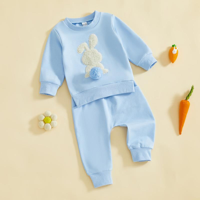 Babamoon Toddler Baby Girl Boy Easter Outfits Set Rabbit Long Sleeve Crew Neck Fuzzy Bunny Tail Embroidery Sweatshirt and Pants Clothing Set 0-3T