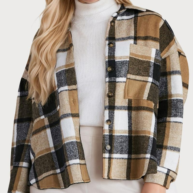 Women'S Casual Plaid Shacket Long Sleeve Button down Flannel plus Shirts Jacket Coats with Side Pockets 18W-22W