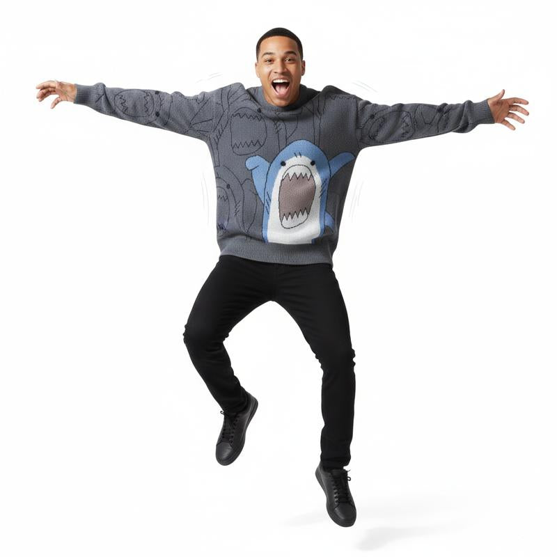 2026 #Springfresh Winter Cartoon Shark Crewneck Polyester Pullover Sweater Unisex Oversized Elegant Casual Streetwear Thick Knitwear Grey Fashion Sweaters Knitted