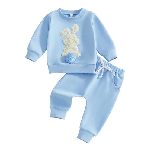 Babamoon Toddler Baby Girl Boy Easter Outfits Set Rabbit Long Sleeve Crew Neck Fuzzy Bunny Tail Embroidery Sweatshirt and Pants Clothing Set 0-3T