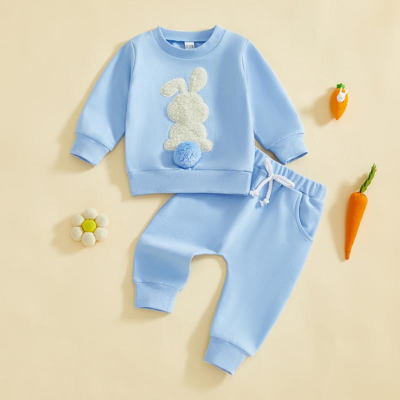 Babamoon Toddler Baby Girl Boy Easter Outfits Set Rabbit Long Sleeve Crew Neck Fuzzy Bunny Tail Embroidery Sweatshirt and Pants Clothing Set 0-3T