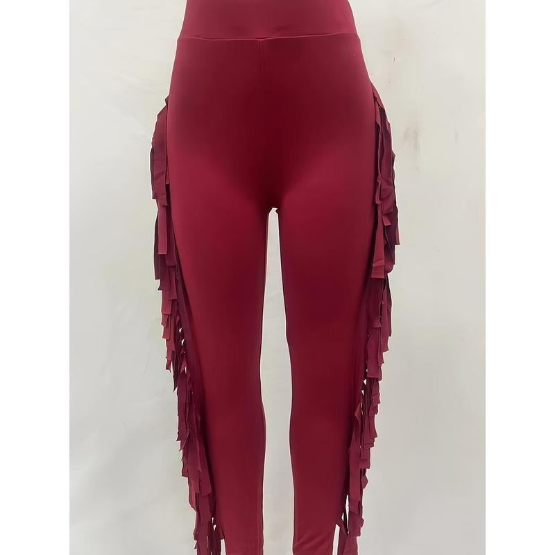Fringe Trim Skinny Pants - Stylish High Waist Pants for Every Day - Women'S Clothing - for Women - Suitable for Casual Wear - Perfect Gift for Fashionistas Fabric Spandex