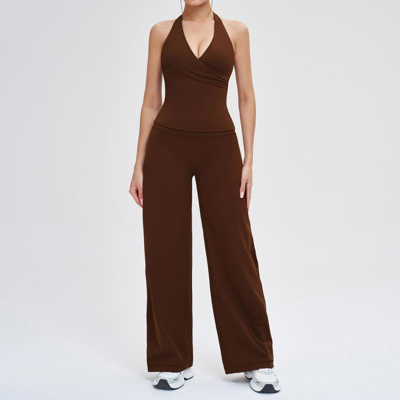 Two-Piece Women'S Workout Set: Wrap Halter Tank Top with High-Waisted Flared Leggings - Yoga & Pilates Outfit Womens Pants Suit