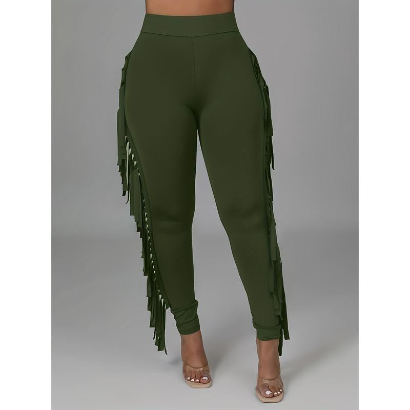 Fringe Trim Skinny Pants - Stylish High Waist Pants for Every Day - Women'S Clothing - for Women - Suitable for Casual Wear - Perfect Gift for Fashionistas Fabric Spandex