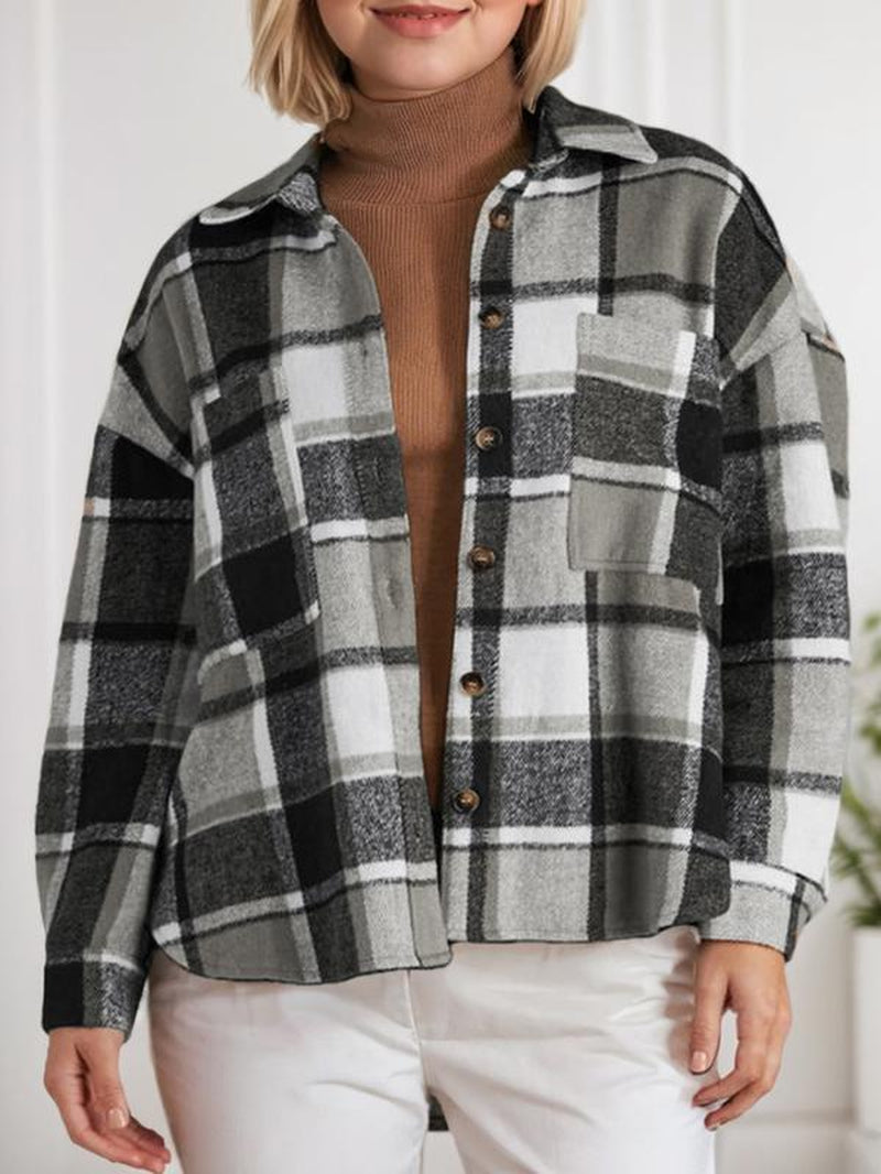 Women'S Casual Plaid Shacket Long Sleeve Button down Flannel plus Shirts Jacket Coats with Side Pockets 18W-22W