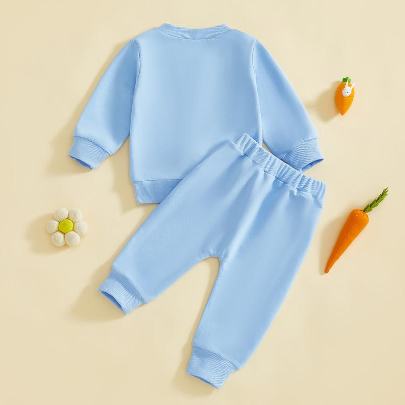 Babamoon Toddler Baby Girl Boy Easter Outfits Set Rabbit Long Sleeve Crew Neck Fuzzy Bunny Tail Embroidery Sweatshirt and Pants Clothing Set 0-3T