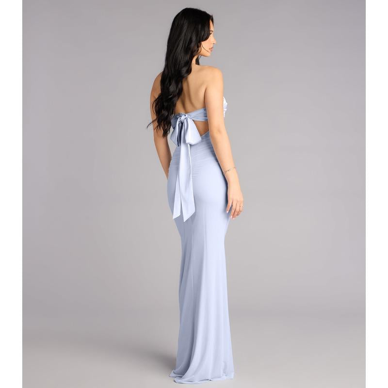 Iris Satin Tie-Back Mesh Mermaid Dress