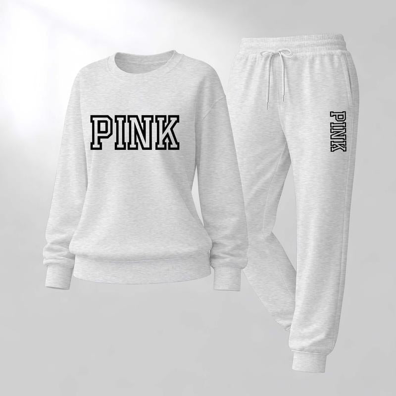 Women'S Pink Letter Print Crewneck Sweatshirt and Drawstring Track Pants Set, Casual Sportswear, Long-Sleeve round Neck Top and Pants, Suitable for Spring, Autumn and Winter, Everyday Wear