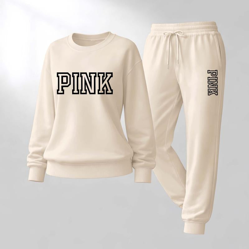 Women'S Pink Letter Print Crewneck Sweatshirt and Drawstring Track Pants Set, Casual Sportswear, Long-Sleeve round Neck Top and Pants, Suitable for Spring, Autumn and Winter, Everyday Wear