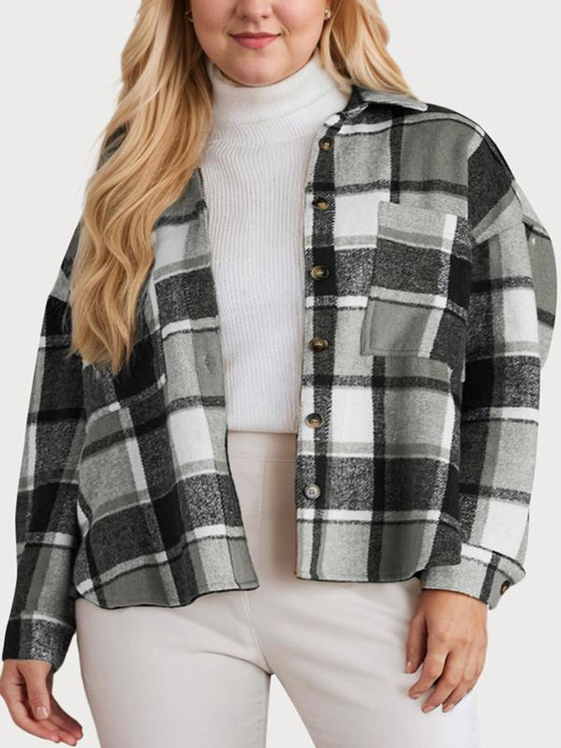 Women'S Casual Plaid Shacket Long Sleeve Button down Flannel plus Shirts Jacket Coats with Side Pockets 18W-22W