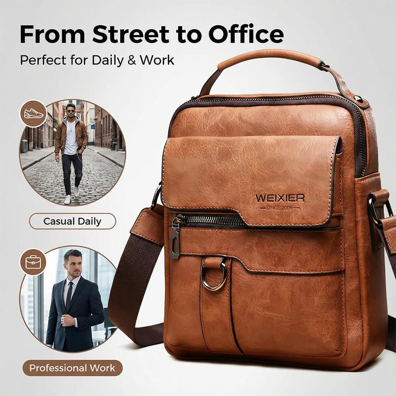 WEIXIER Men'S PU Leather Crossbody Bag Vintage Street Style Large Capacity Commuter Bag with Adjustable Shoulder Strap for Business Travel & Everyday Use Perfect Gifts for Him Valentine'S Day Gifts