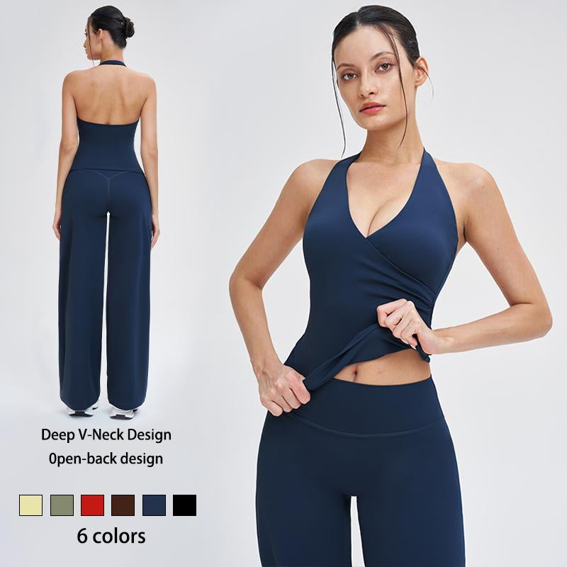 Two-Piece Women'S Workout Set: Wrap Halter Tank Top with High-Waisted Flared Leggings - Yoga & Pilates Outfit Womens Pants Suit