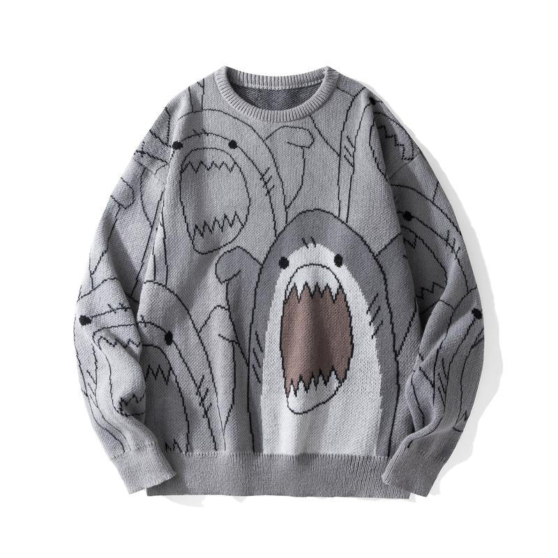 2026 #Springfresh Winter Cartoon Shark Crewneck Polyester Pullover Sweater Unisex Oversized Elegant Casual Streetwear Thick Knitwear Grey Fashion Sweaters Knitted