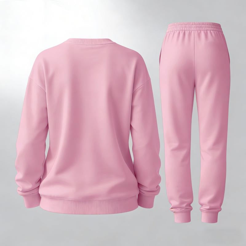 Women'S Pink Letter Print Crewneck Sweatshirt and Drawstring Track Pants Set, Casual Sportswear, Long-Sleeve round Neck Top and Pants, Suitable for Spring, Autumn and Winter, Everyday Wear