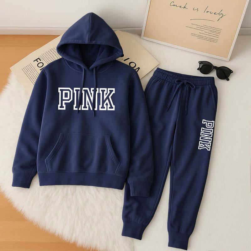 Women'S Pink Cartoon Print Hoodie and Drawstring Track Pants Set, Casual Sportswear, Long-Sleeved Hooded Jacket and Pants, Suitable for Autumn and Winter, Everyday Wear, Indoor and Outdoor Sportswear, Casual Sportswear.