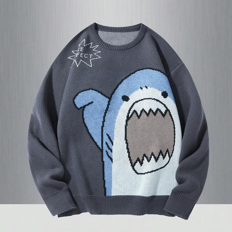 2026 #Springfresh Winter Cartoon Shark Crewneck Polyester Pullover Sweater Unisex Oversized Elegant Casual Streetwear Thick Knitwear Grey Fashion Sweaters Knitted