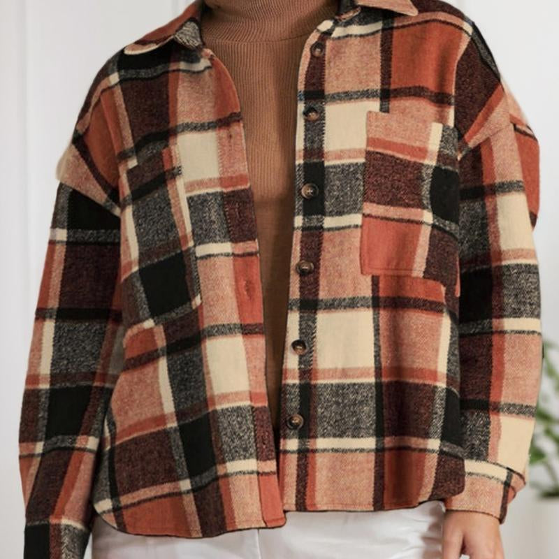 Women'S Casual Plaid Shacket Long Sleeve Button down Flannel plus Shirts Jacket Coats with Side Pockets 18W-22W