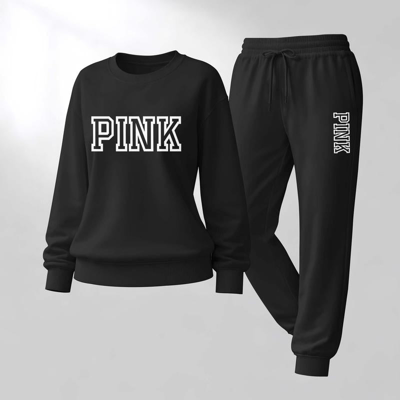 Women'S Pink Letter Print Crewneck Sweatshirt and Drawstring Track Pants Set, Casual Sportswear, Long-Sleeve round Neck Top and Pants, Suitable for Spring, Autumn and Winter, Everyday Wear