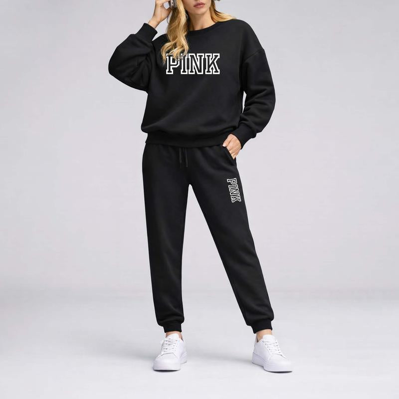 Women'S Pink Letter Print Crewneck Sweatshirt and Drawstring Track Pants Set, Casual Sportswear, Long-Sleeve round Neck Top and Pants, Suitable for Spring, Autumn and Winter, Everyday Wear