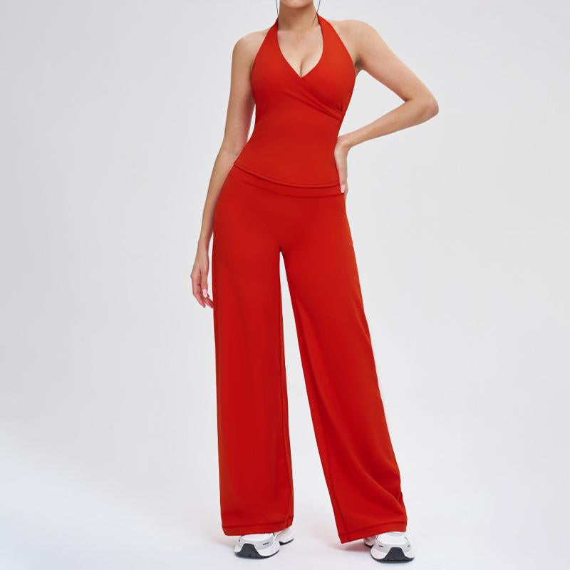 Two-Piece Women'S Workout Set: Wrap Halter Tank Top with High-Waisted Flared Leggings - Yoga & Pilates Outfit Womens Pants Suit