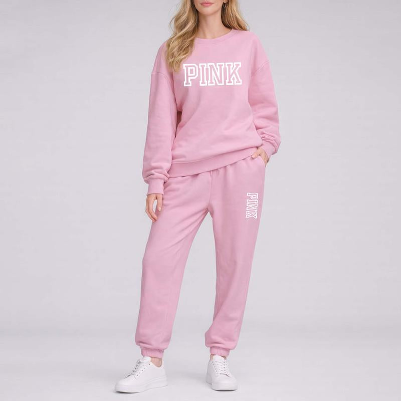 Women'S Pink Letter Print Crewneck Sweatshirt and Drawstring Track Pants Set, Casual Sportswear, Long-Sleeve round Neck Top and Pants, Suitable for Spring, Autumn and Winter, Everyday Wear