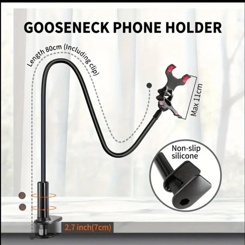 360° Rotating Flexible Phone & Tablet Holder Stand Adjustable Long Arm with Clamp for Desk & Bed Cellphone Smartphone Free Your Hands Comfortably Watch Videos Computer Plastic Black