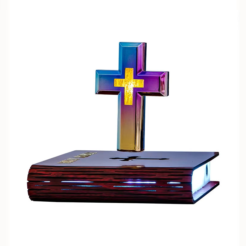 Plug-In Moocci Levitating Cross Lamp Magnetic Floating Bible Night Light Colorful Levitation Cross Ornament with Glowing Base