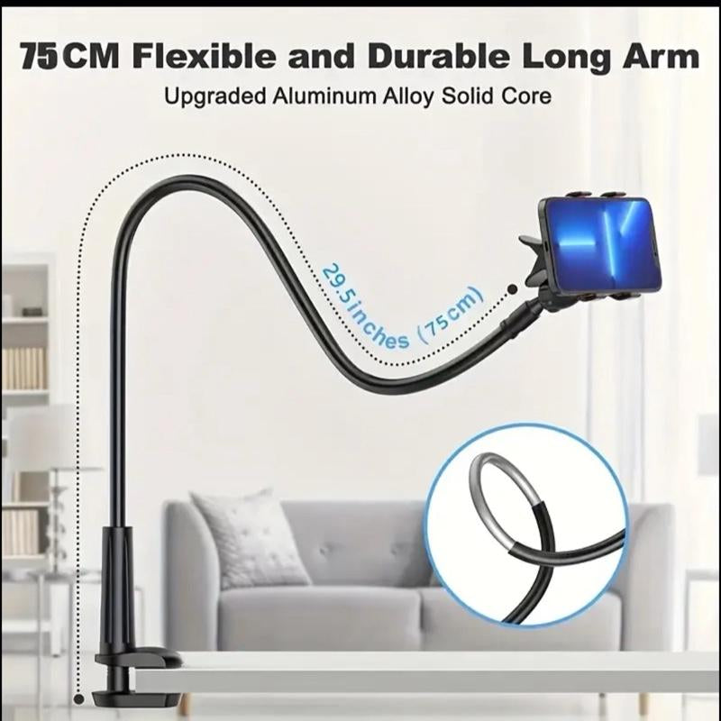 360° Rotating Flexible Phone & Tablet Holder Stand Adjustable Long Arm with Clamp for Desk & Bed Cellphone Smartphone Free Your Hands Comfortably Watch Videos Computer Plastic Black