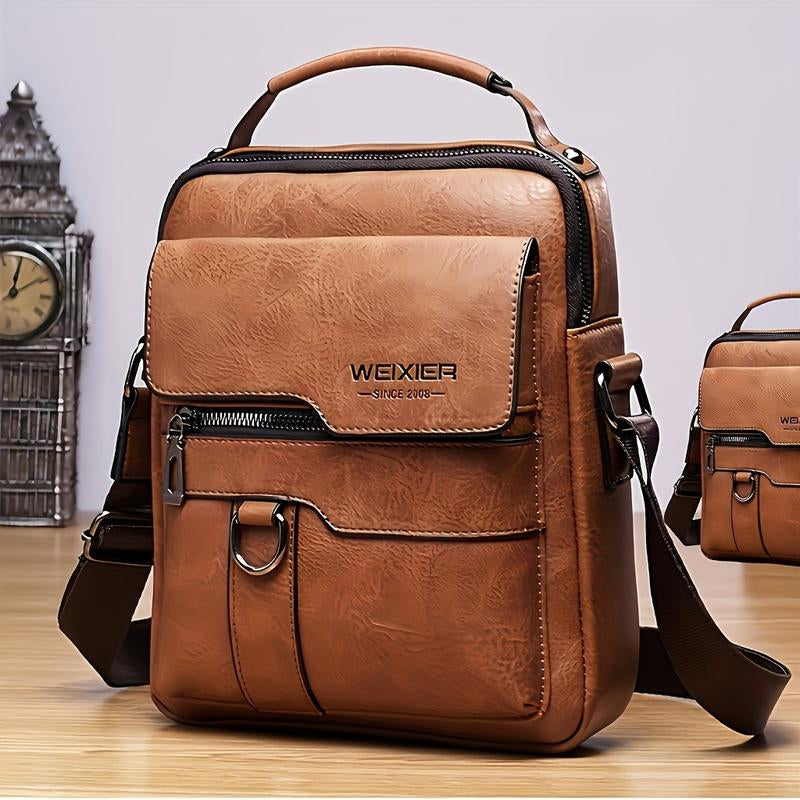 WEIXIER Men'S PU Leather Crossbody Bag Vintage Street Style Large Capacity Commuter Bag with Adjustable Shoulder Strap for Business Travel & Everyday Use Perfect Gifts for Him Valentine'S Day Gifts