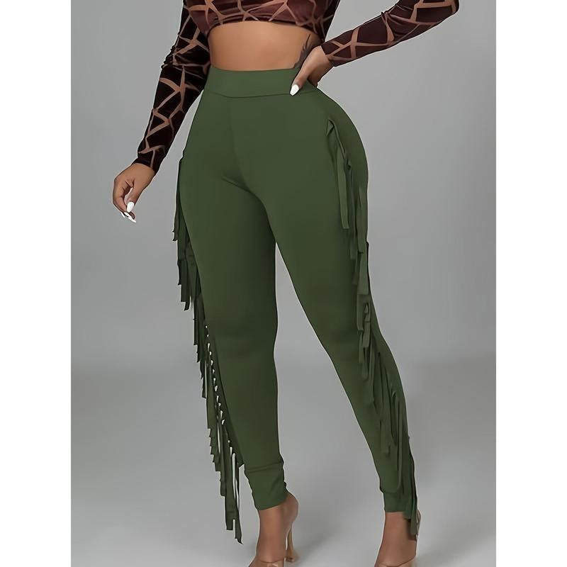 Fringe Trim Skinny Pants - Stylish High Waist Pants for Every Day - Women'S Clothing - for Women - Suitable for Casual Wear - Perfect Gift for Fashionistas Fabric Spandex
